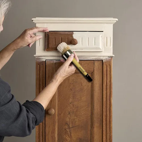 Vista 5 de Pinceles de pintura de tiza para muebles, 2 piezas de cerdas de pelo de jabalí redondas/planas para pintura de cera, adecuados para pintura de tiza