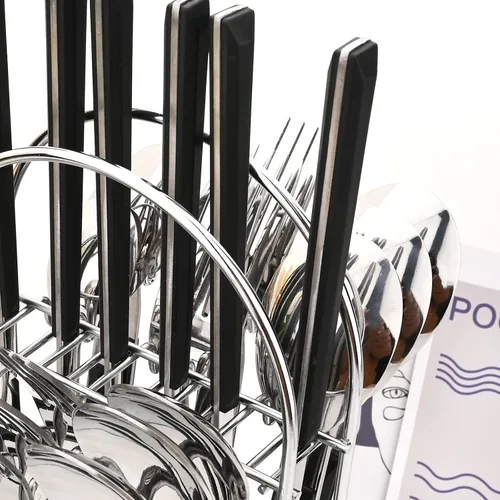 Vista 3 de Juego de cubiertos de 24 piezas con soporte, utensilios de acero inoxidable con mango negro, un juego completo de cubiertos para la mayoría