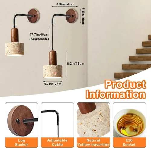 Vista 2 de Juego de 2 lámparas de pared de piedra de altura ajustable, aplique de pared de travertino E26, lámpara de pared para dormitorio, sala de estar