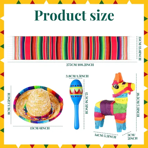 Vista 3 de Libima 26 decoraciones de fiesta mexicanas incluyen 6 burros, 12 maracas grandes para fiestas, 2 caminos de mesa de serape, 6 sombreros