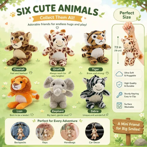 Vista 4 de Tezituor Paquete de 6 Pequeños Animales de Peluche a Granel Juguetes de Peluche, Mini Llaveros de Animales de Peluche Lindos de 6" para Niños, Mini