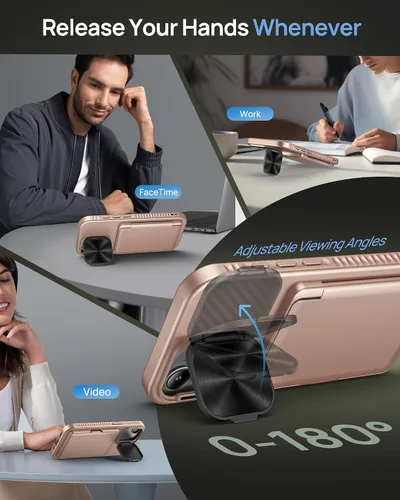 Vista 4 de Funda para iPhone 16e con Tarjetero y Cubierta de Lente de Cámara con Soporte, Protección contra Caídas de Grado Militar a Prueba de Golpes Oro rosa
