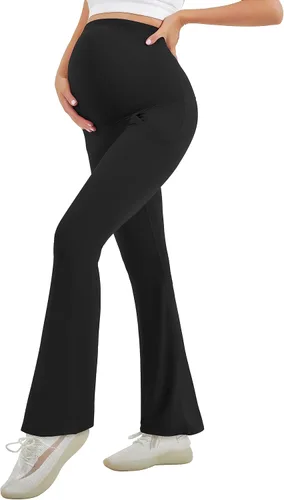 Vista 7 de HEGALY Leggings acampanados de maternidad para mujer sobre el vientre, pantalones casuales de yoga para embarazo, con bolsillos, suaves como