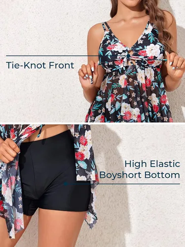 Vista 5 de Summer Mae Traje de baño tankini de dos piezas para mujer, de malla fluida, con pantalones cortos y control de abdomen