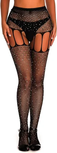 Vista 2 de AROOMVE Medias de diamantes de imitación brillantes para mujer medias de malla sexy de cristal