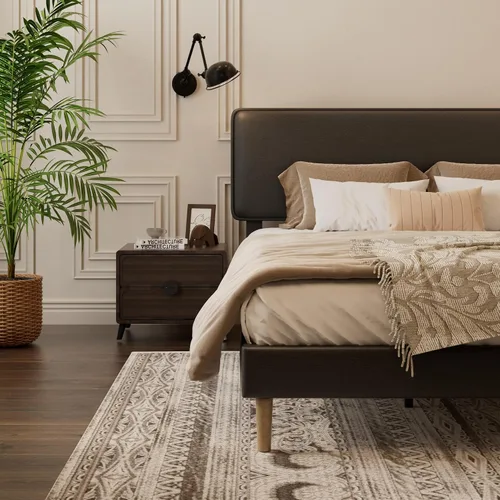 Vista 3 de HAOARA Marco de Cama con Plataforma Tapizada de Tamaño Completo, Cabecera Ajustable de Cuero PU, No Necesita Somier, Soporte de Listones de Madera