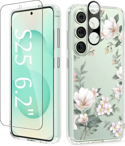 Vista 85 de GVIEWIN Funda protectora para Samsung Galaxy S25, transparente floral, delgada, a prueba de golpes, para mujer, no se pone amarilla, con protector