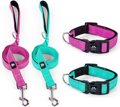 Vista 17 de IVY&LANE Juego de collar y correa reflectante para perro, collares de perro acolchados de neopreno ajustable para cachorros, collar de nailon