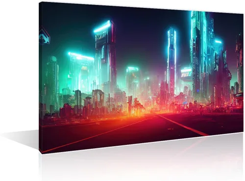 Vista 35 de 1 panel de cuadros de la ciudad de Cyberpunk, arte de pared, representación de vallas publicitarias, edificios modernos en la capital con obras