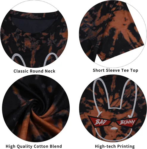 Vista 7 de Bad Bunny - Camiseta de manga corta para mujer diseño de conejo teñido anudado con estampado de conejito de Pascua