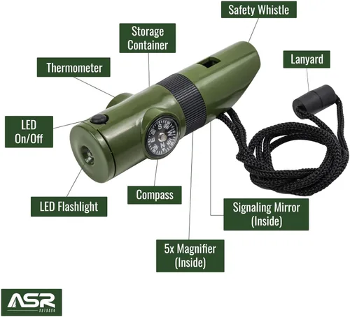 Vista 2 de ASR Outdoor Kids Survival 7 en 1 Multiherramienta con Whistle Brújula Linterna LED, Verde