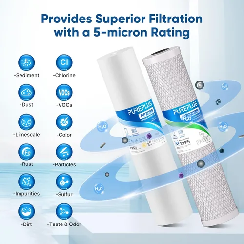 Vista 4 de PUREPLUS Kit de cartuchos de filtro de agua para toda la casa de 5 micras, 50.8 cm x 11.43 cm, con filtro de sedimentos y filtro de bloque de carbón