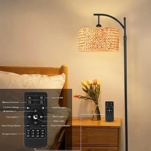 Vista 7 de QIYIZM Lámpara de pie para sala de estar, dormitorio, estilo granja, arco, ratán, boho, lámpara de pie con control remoto regulable, pantalla