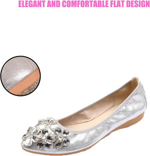 Vista 5 de Traveltopp Zapatos planos de ballet con diamantes de imitación para mujer, plegables, cómodos, puntiagudos, sin cordones, zapatos de vestir