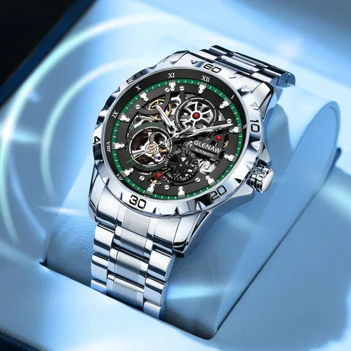 Vista 3 de Relojes automáticos para hombre, cuerda automática mecánica, esfera de esqueleto, resistente al agua a 30 ATM, con correa de acero inoxidable, reloj