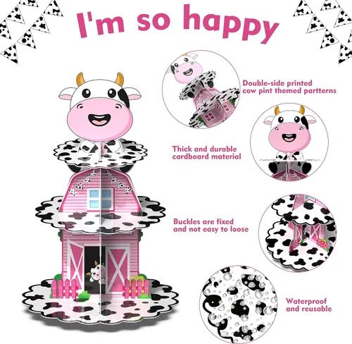 Vista 4 de Holy Cow I'm One Birthday Decor – Soporte de cartón con estampado de vaca de 3 niveles para fiesta de primer cumpleaños, soporte para cupcakes