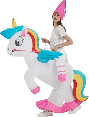 Vista 4 de One Casa Disfraz inflable de unicornio para montar en el aire de unicornio, divertido vestido de fiesta de Halloween para adultos