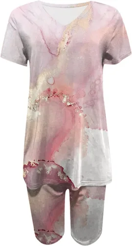 Vista 2 de PANOEGSN Conjuntos a juego para mujer, trajes de verano de dos piezas, camiseta con cuello en V, leggings capri, entrenamiento, deportes, yoga
