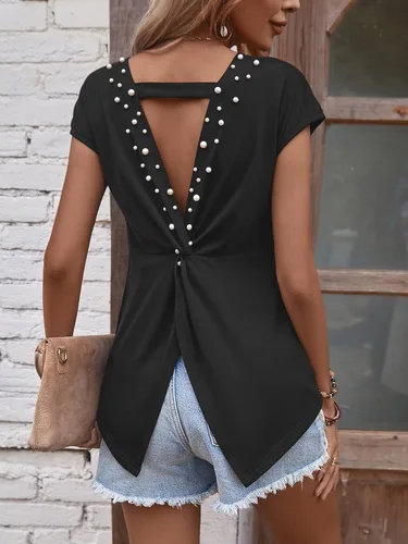 Vista 5 de Verdusa Camiseta de manga corta con cuello redondo y dobladillo dividido para mujer