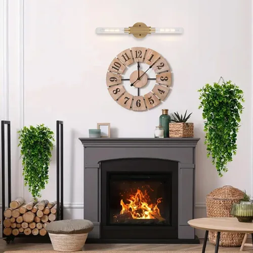 Vista 8 de Apliques de pared con textura moleteada dorada de 24" Lámparas modernas cilíndricas para tocador de baño con pantalla de vidrio transparente rayado