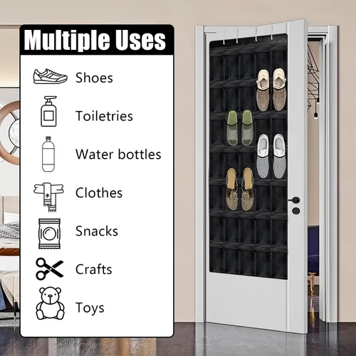 Vista 4 de Organizador de zapatos sobre la puerta de 35 bolsillos, zapatero colgante plegable negro para puerta con ganchos de metal, instalación sin taladros