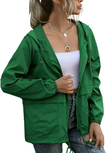 Vista 30 de PESION Chaqueta impermeable ligera para mujer, rompevientos con capucha y bolsillo para exteriores Verde militar