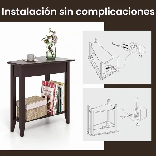Vista 7 de GOFLAME Mesa auxiliar de cuña de 2 niveles, mesa auxiliar triangular estrecha con estante de almacenamiento, patas de madera maciza, mesita