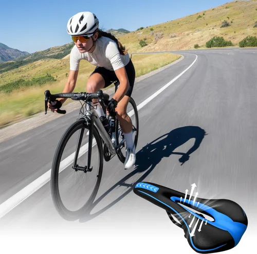 Vista 9 de MSDADA Asiento de bicicleta de gel, cómodo sillín de bicicleta con cojín suave acolchado para hombres, mujeres, niños, impermeable, montaña Azul