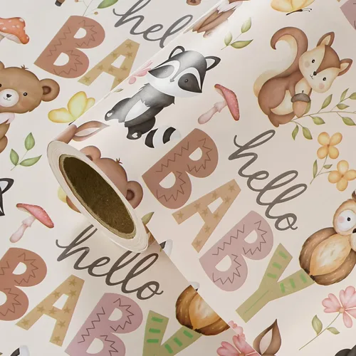 Vista 14 de WRAPAHOLIC Rollo de papel de regalo Kraft Animal - Mini Rollo - 17 pulgadas x 16.5 pies - Diseño de mono, elefante y dinosaurio lindos, perfecto