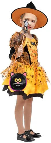 Vista 2 de NA Disfraz de bruja iluminada para niñas conjunto de vestido elegante para niños color amarillo 3-4T