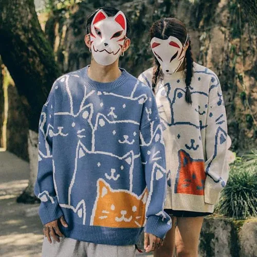 Vista 5 de Gato Gráfico Hombres Abuelo Suéter Japonés Gótico Punto Outwear Emo Alt Cuello Redondo Ropa Linda Y2K Tops de Manga Larga