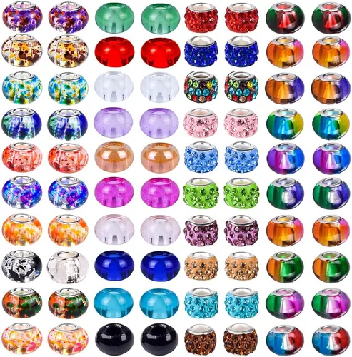 Vista 6 de 100 cuentas europeas surtidas con núcleo de cobre, espaciador de vidrio con agujero grande, sin núcleo de cobre, cuentas coloridas de diamantes