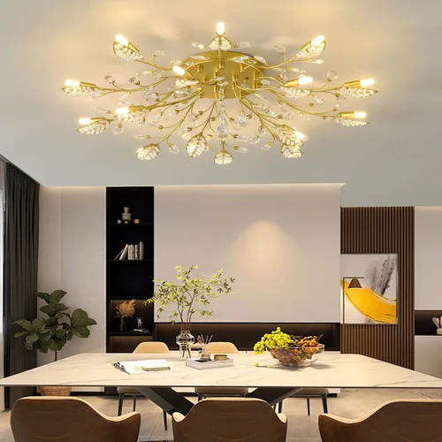 Vista 3 de Lámpara de techo de cristal, lámpara de flores, luces de techo semiempotradas de hojas doradas, accesorios de iluminación de cocina para dormitorio