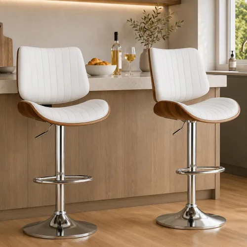 Vista 29 de Juego de 1 taburetes de bar giratorios de madera curvada ajustables para encimera de cocina, moderna silla de bar tapizada de piel sintética