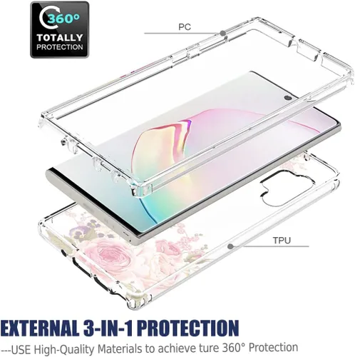 Vista 3 de Funda para Galaxy Note 10+ 5G/Note 10 Plus SM-N975U: Híbrido, policarbonato y TPU, diseño floral, flor de rosa, con protector de pantalla de vidrio