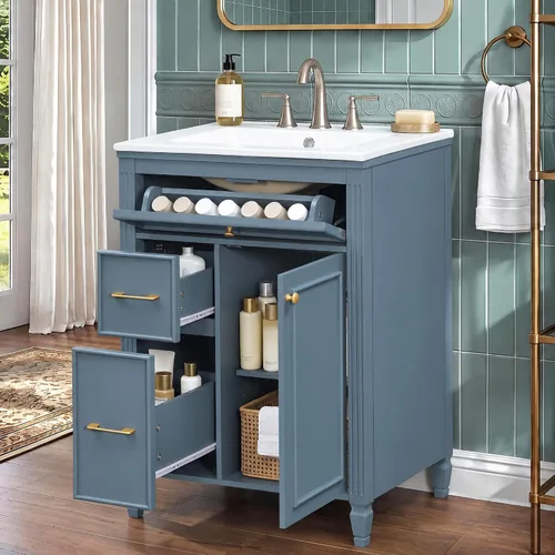 Vista 25 de Harper & Bright Designs Tocador de baño de 24 pulgadas con lavabo, tocador de lavabo individual independiente con una puerta y 3 cajones de cierre