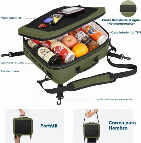 Vista 4 de MORXPLOR Bolsa térmica impermeable de PVC para paddleboard, 12 latas, enfriador aislado suave para paddleboard, camping, kayak Verde militar