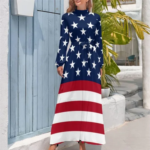 Vista 2 de Vestido patriótico de la bandera americana, manga larga, estrellas y rayas, lindo vestido maxi vestido de primavera de cintura alta, estilo bohemio