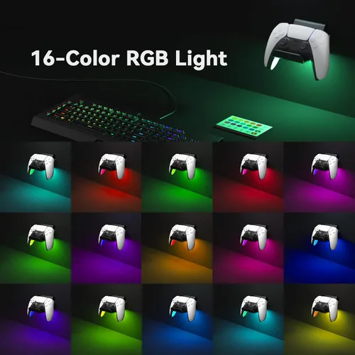 Vista 4 de 6amLifestyle - Juego de 2 soportes de pared con kit de luz RGB de 16 colores para Xbox One PS4 PS5 Switch Pro Gamepad Controller Stand Holder