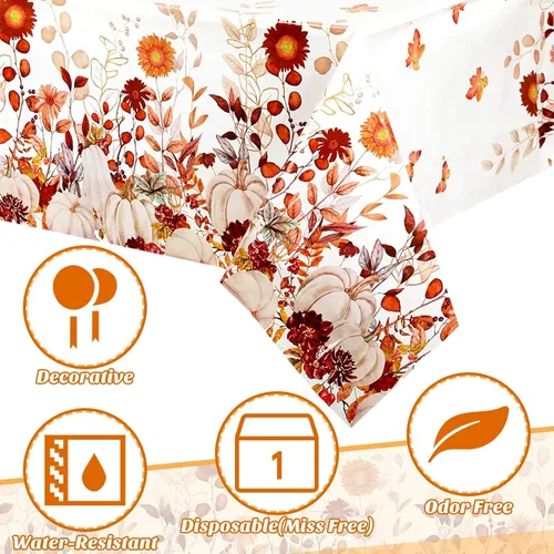 Vista 4 de Newwiee 4 manteles de plástico de otoño, manteles de plástico de Acción de Gracias, diseño de calabaza silvestre, mantel rectangular de otoño