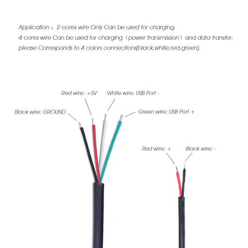 Vista 6 de Cable de extremo abierto USB A hembra a cable desnudo de 3.3 pies (39.4 in) 5V 2.1A 2 y 4 núcleos de transmisión de alimentación y transmisión