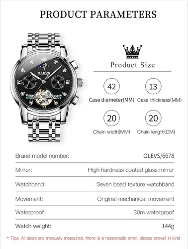 Vista 6 de OLEVS Men Automatic Watch Skeleton Moon Phase Dial Luxury Dress Stainless Steel Strap 5 Hands Diamond Men Wrist Watches