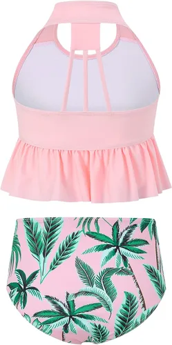 Vista 2 de GERU Traje de baño de 2 piezas con volantes y cuello halter de cintura alta para niñas