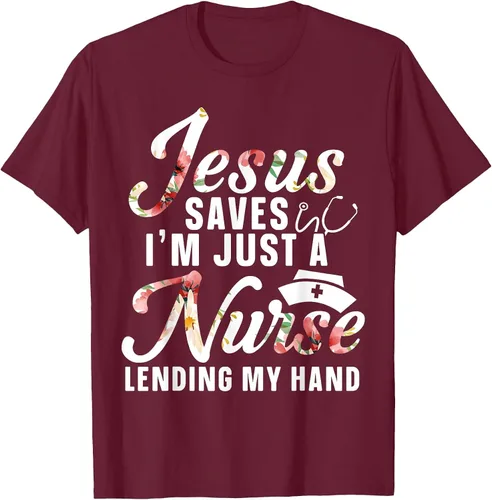 Vista 33 de Jesus Saves I'm Just A Nurse Lending My Hand RN Christian T-Shirt Asphalt Grey