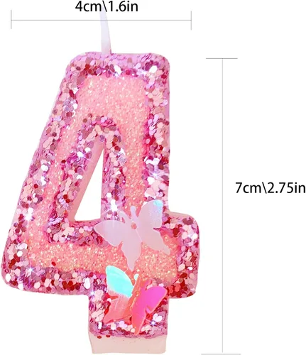 Vista 2 de Velas de cumpleaños número 4, velas de pastel de feliz cumpleaños con purpurina rosa hecha a mano rosado