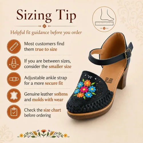 Vista 6 de Zapatos de cuero mexicano con flores bordadas, con tacones para mujer - Modelo 102BL Negro