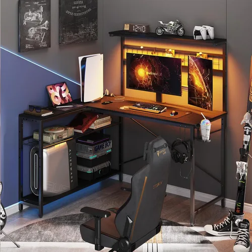 Vista 10 de Bestier Escritorio de juegos en forma de L de 42 pulgadas, escritorio para computadora con tomas de corriente y luz LED, escritorio reversible
