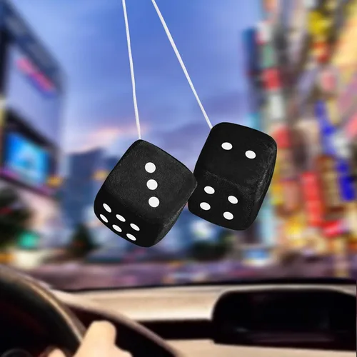 Vista 3 de Dados peludos para espejo retrovisor, dados negros peludos para espejo de automóvil, 2.75 pulgadas, par de dados colgantes cuadrados retro de felpa