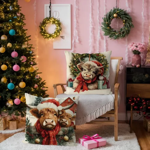Vista 2 de Juego de 4 fundas de almohada de Navidad con diseño de vaca de las tierras altas, estilo campestre, vintage, para el hogar, sofá, sala de estar