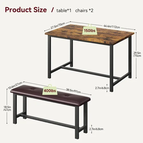 Vista 6 de Alkmaar Juego de mesa de cocina con 2 bancos tapizados para 4 personas, mesa rectangular de metal y madera para espacios pequeños, apartamento